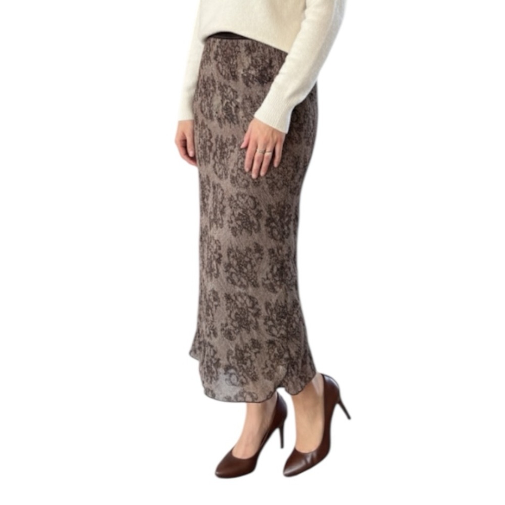 Kenneth Cole Brown Patterned Sheer Crinkle Midi Skirt Size Small Y2K Minimalist